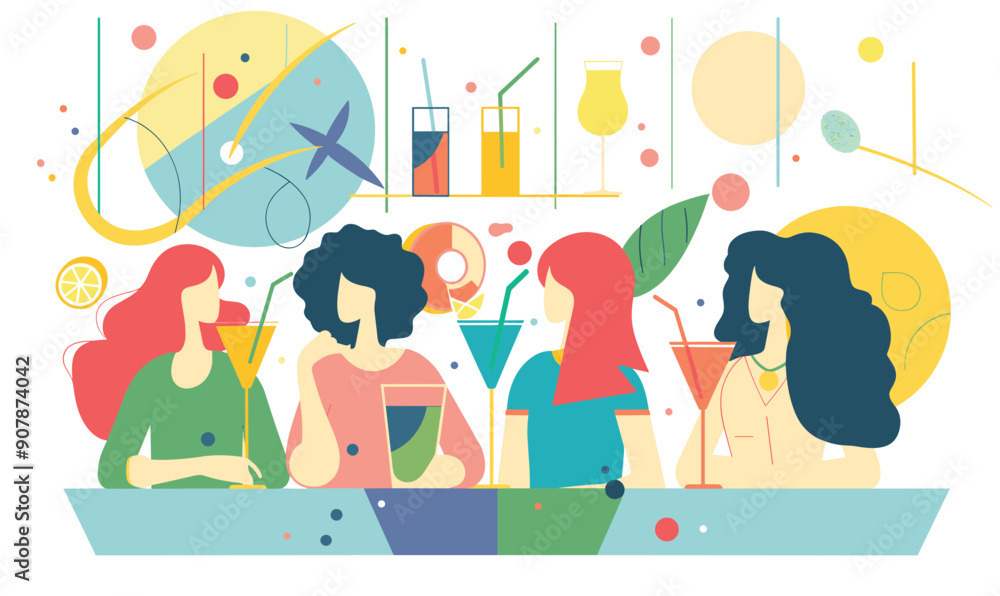 Fototapeta premium Four women enjoying drinks social gathering, colorful abstract background, different types beverages, various fruits. Diverse ethnicity women, casual clothing, young adults chatting relaxing, happy