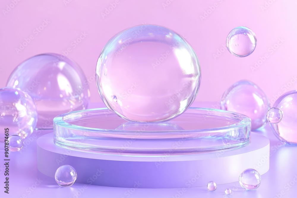Glass Orb on Purple Platform with Smaller Orbs Surrounding it Glass Orb on Purple Platform with Smaller Orbs Surrounding it