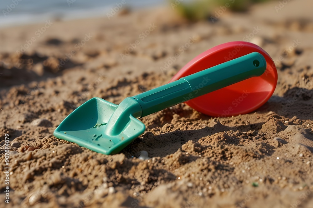 Red plastic shovel in sand, beach toy isolated on white, side view Red plastic shovel in sand, beach toy isolated on white, side view