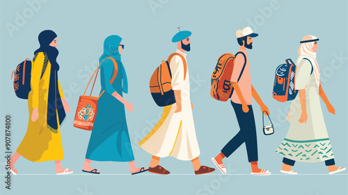 Five people diverse walking daily activities abstract colorful background. Two men three women backpacking casual wear different styles. Islamic cultural attire traditional modern fashion everyday