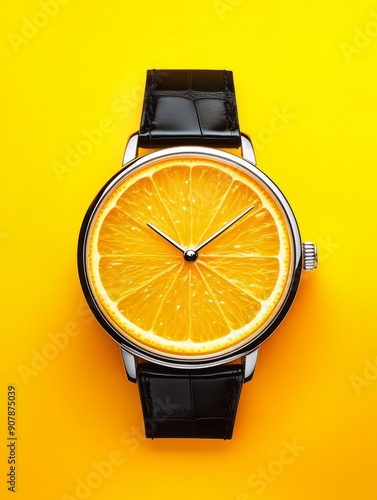 Creative watch design with orange slice face on a yellow background, blending fruit and time for a unique and vibrant concept. photo