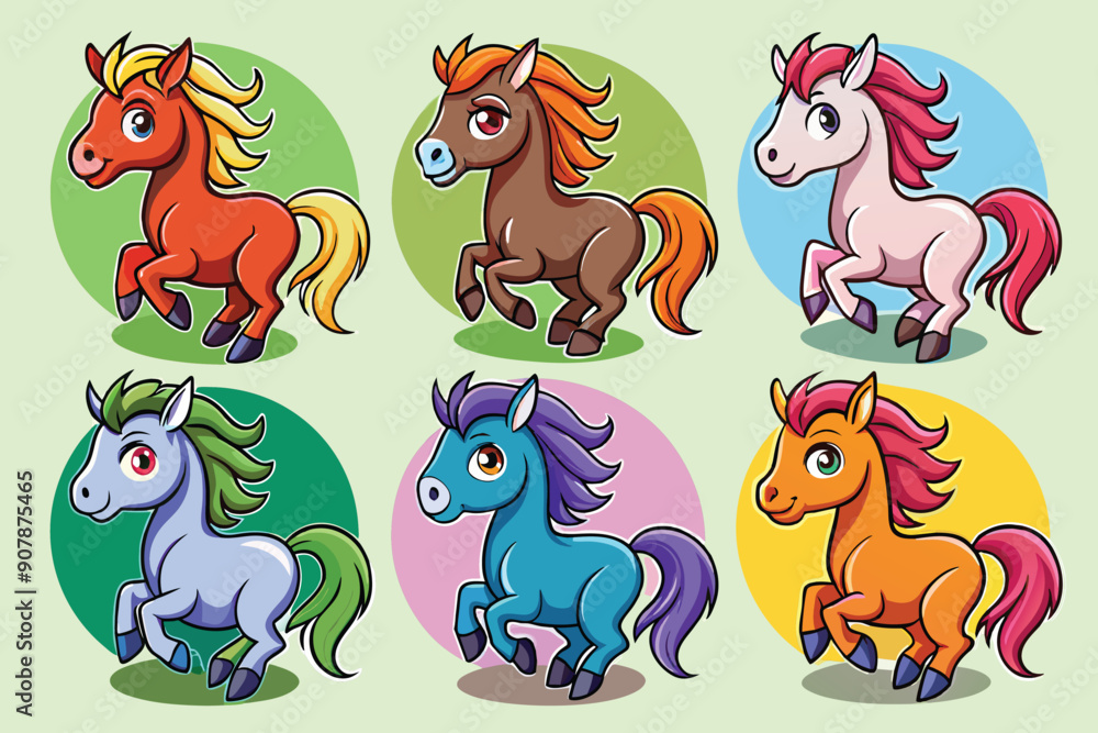 Fototapeta premium Six Cartoon Horses in Different Colors With Circular Backgrounds
