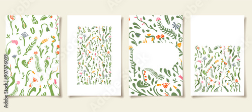 Set of cute botanical fancy postcards, invitation templates, light floral natural backgrounds, vertical poster, isolated