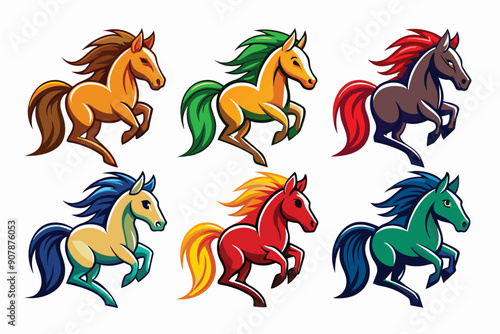 Six Colorful Cartoon Horses in Jumping Pose