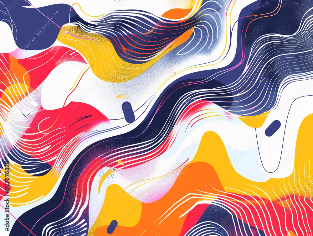 Obraz premium A colorful, abstract painting with purple, orange, and blue hues. The painting has a sense of movement and energy, with the colors blending and flowing together in a dynamic way