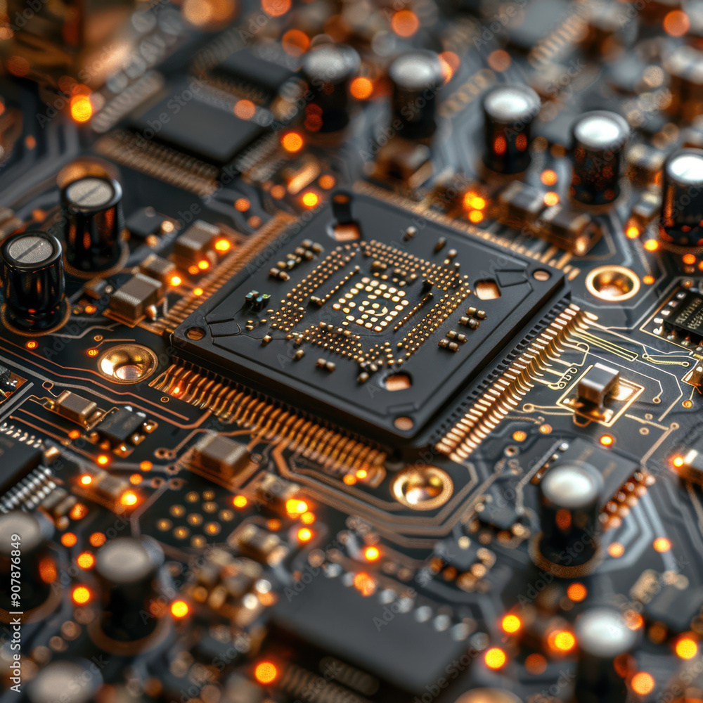 Close-up of a circuit board with illuminated components, detailed and intricate design, highlighting modern technology, electronic innovation Close-up of a circuit board with illuminated components, detailed and intricate design, highlighting modern technology, electronic innovation