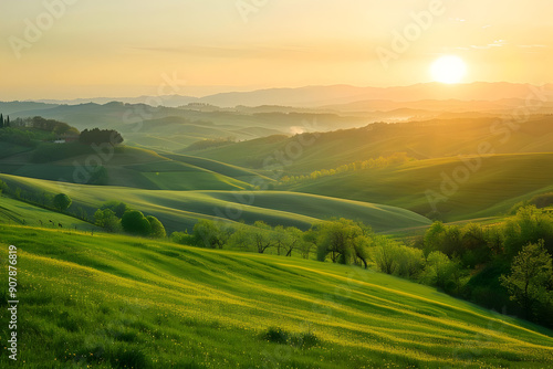 Sunset Over Rolling Green Hills Landscape Photo