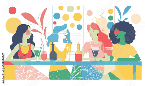 Four women talking, drinking cocktails enjoying time together modern abstract colorful style, depicting friendship, social gathering, leisure. Bright, geometric shapes, patterns plant elements add