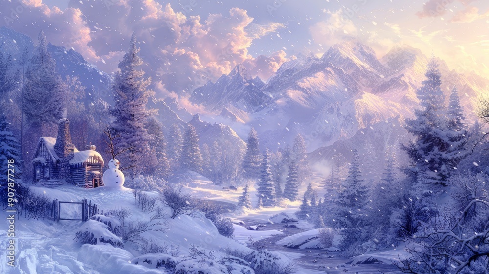 A joyful pencil-colored illustration of a group of friends building a snowman in a winter wonderland, with snow-covered trees and a cozy cabin in the distance. A joyful pencil-colored illustration of a group of friends building a snowman in a winter wonderland, with snow-covered trees and a cozy cabin in the distance.