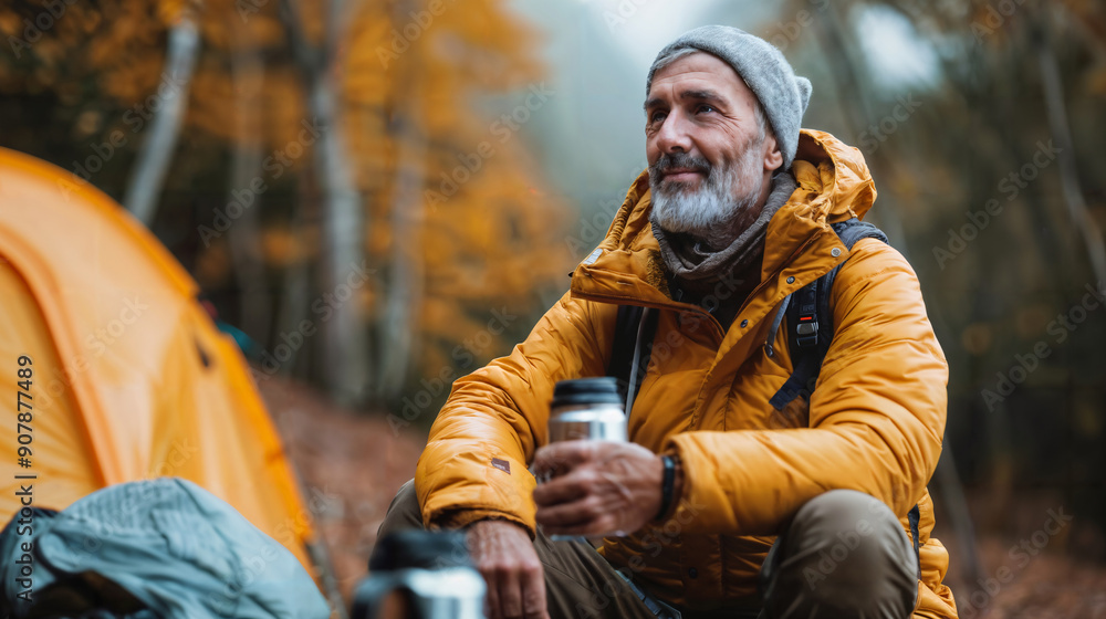 Older man in a yellow jacket enjoying a warm drink while camping in an autumn forest Older man in a yellow jacket enjoying a warm drink while camping in an autumn forest
