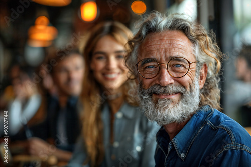 Smiling older man with a beard and glasses sitting in a cozy cafe with friends in the background