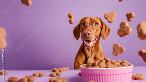 Happy vizsla dog enjoying treat time. Concept banner or pet food packaging with copy space	
