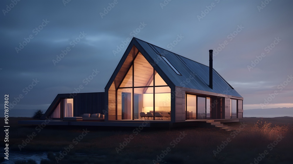 Modern Lakeside Cabin at Dusk with Warm Interior Light Modern Lakeside Cabin at Dusk with Warm Interior Light