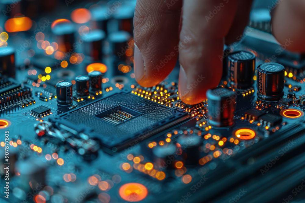 Close-up of a person's fingers touching a circuit board with glowing orange lights, on a blurred background. Concept of technology and electronics Close-up of a person's fingers touching a circuit board with glowing orange lights, on a blurred background. Concept of technology and electronics