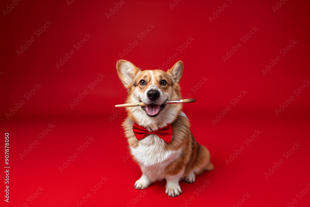 Happy corgi dog with a red bow tie holding a paintbrush in its mouth against a red background with copy space Happy corgi dog with a red bow tie holding a paintbrush in its mouth against a red background with copy space