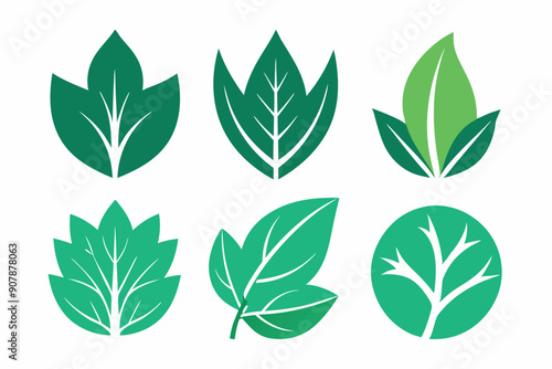 Six Stylized Green Leaf and Branch Icons on White Background