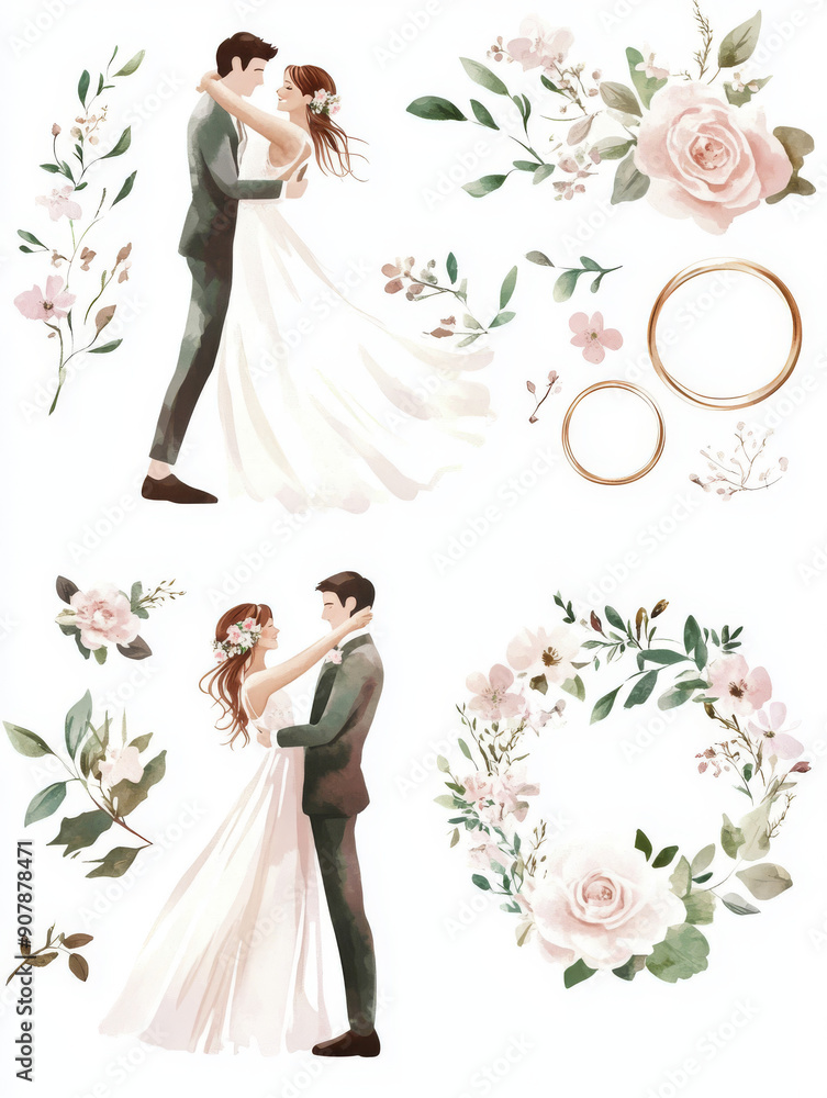 Watercolor illustration of a bride and groom with floral wreaths and bouquets, ideal for wedding invitations and romantic decor.
Watercolor illustration of a bride and groom with floral wreaths and bouquets, ideal for wedding invitations and romantic decor.