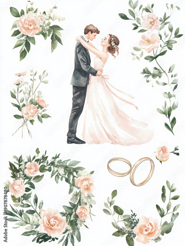 Watercolor illustration of a bride and groom with floral wreaths and bouquets, ideal for wedding invitations and romantic decor.
Watercolor illustration of a bride and groom with floral wreaths and bouquets, ideal for wedding invitations and romantic decor.