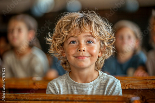 Blond boy with curly hair smiling in classroom with other children in the background