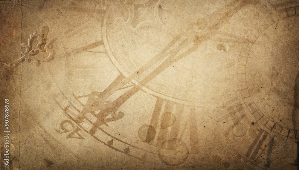 Fototapeta premium Old clock dials and hour hand on vintage brown paper background. Retro watch background. Concept on time, history topics.