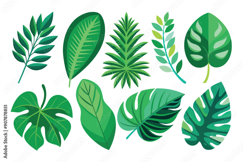 Collection of Green Tropical Leaves with Varying Shapes and Textures Collection of Green Tropical Leaves with Varying Shapes and Textures