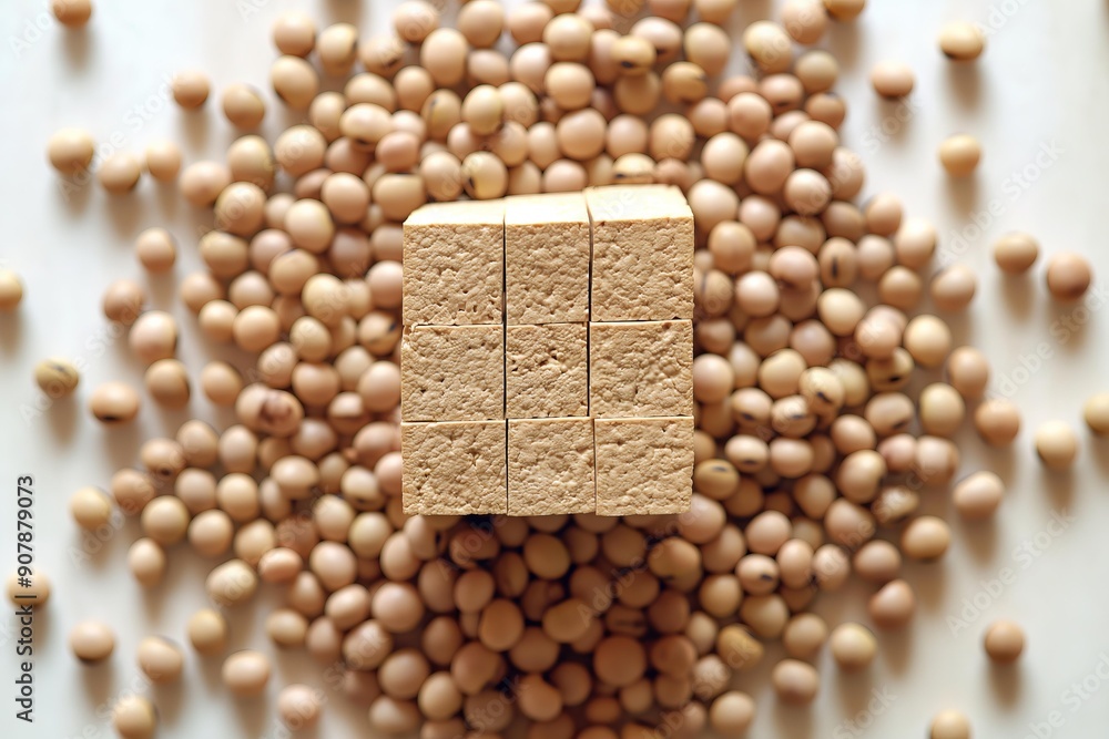 A block of tofu sits on a bed of soybeans, a vegetarian protein source.