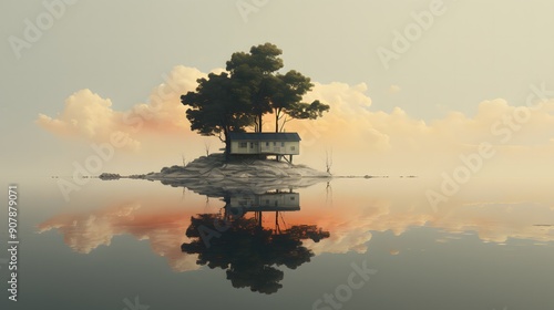 Serene Landscape with a Pagoda Reflected in Calm Water