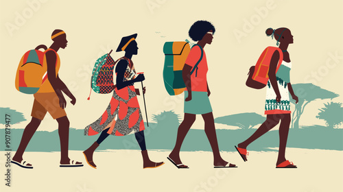 Four individuals carrying backpacks walking across savannah. Different ethnic origins featuring vibrant attire gear. Landscape suggests adventurous journey outdoor exploration