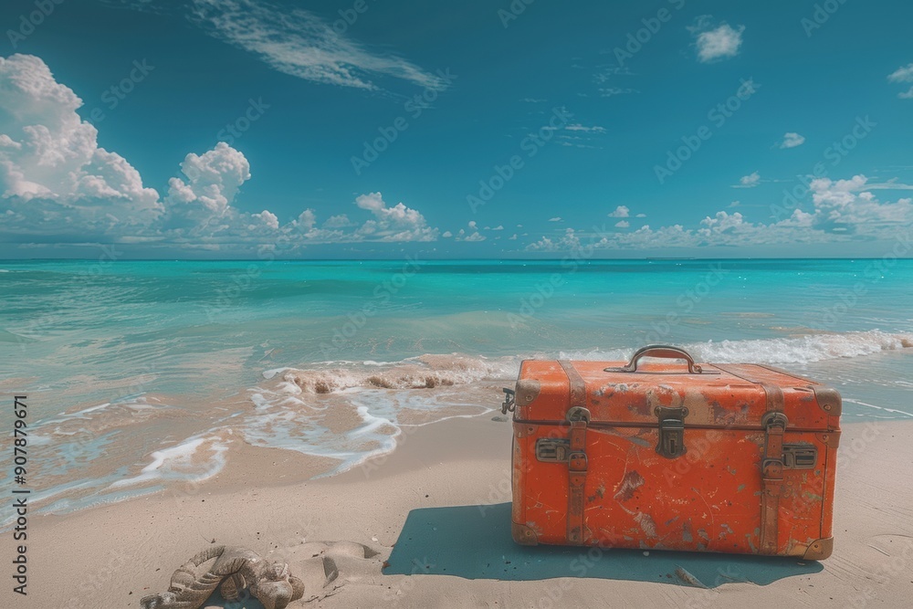 Suitcase at The Tropical Beach. Summer vacation. Copy space. Suitcase at The Tropical Beach. Summer vacation. Copy space.