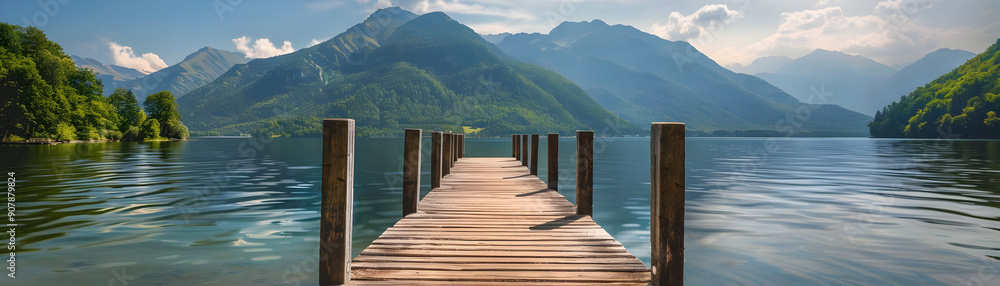 Wooden Dock Extending into Serene Mountain Lake - Photo Wooden Dock Extending into Serene Mountain Lake - Photo