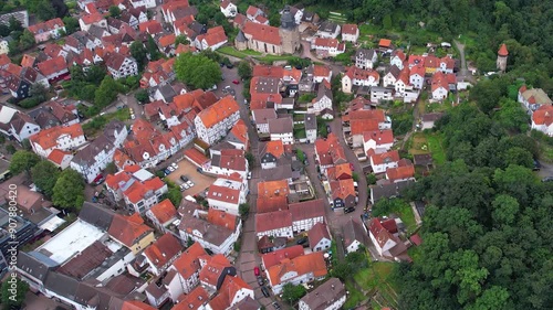 Aerial panorama view around the old town of the city Gudensberg in Germany on a summer day afternoon.	 photo