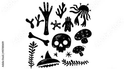 Bones and skull vintage doodle linocut cute set, separated black vector logo elements on transparent background