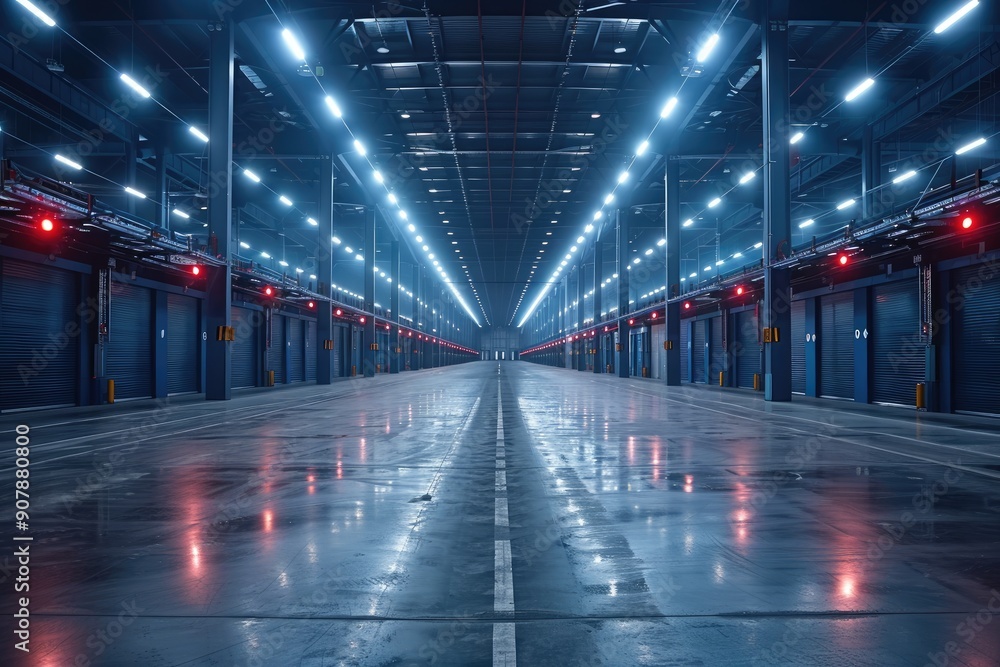 A modern, spacious industrial warehouse with bright lighting, empty and ready for use with reflective flooring and high ceilings. A modern, spacious industrial warehouse with bright lighting, empty and ready for use with reflective flooring and high ceilings.