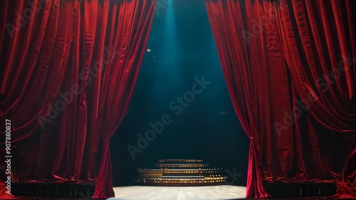 Dramatic reveal: red theater curtains part to unveil golden stage steps