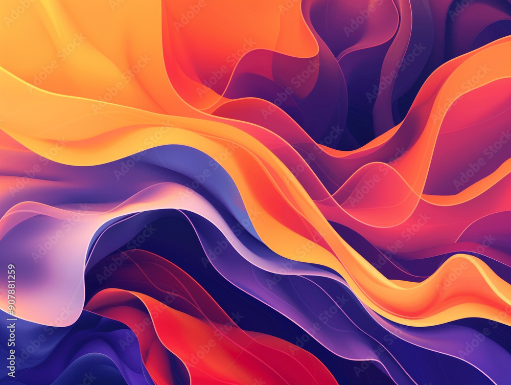 Obraz premium A colorful, abstract painting with purple, orange, and blue hues. The painting has a sense of movement and energy, with the colors blending and flowing together in a dynamic way