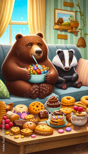 Wallpaper Mural The bear and the badger are sitting on the sofa, watching TV and eating all sorts of delicious things. Torontodigital.ca
