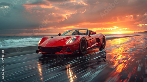 A sleek red sports car drives along a beach at sunset. The sky is vibrant with dramatic clouds. The wet sand reflects the car and the sky, creating a dynamic scene of speed and freedom