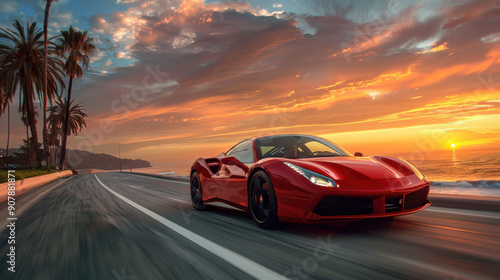 Fototapeta Naklejka Na Ścianę i Meble -  Sleek red sports car driving on a coastal road lined with palm trees during a vibrant sunset, showcasing speed and elegance