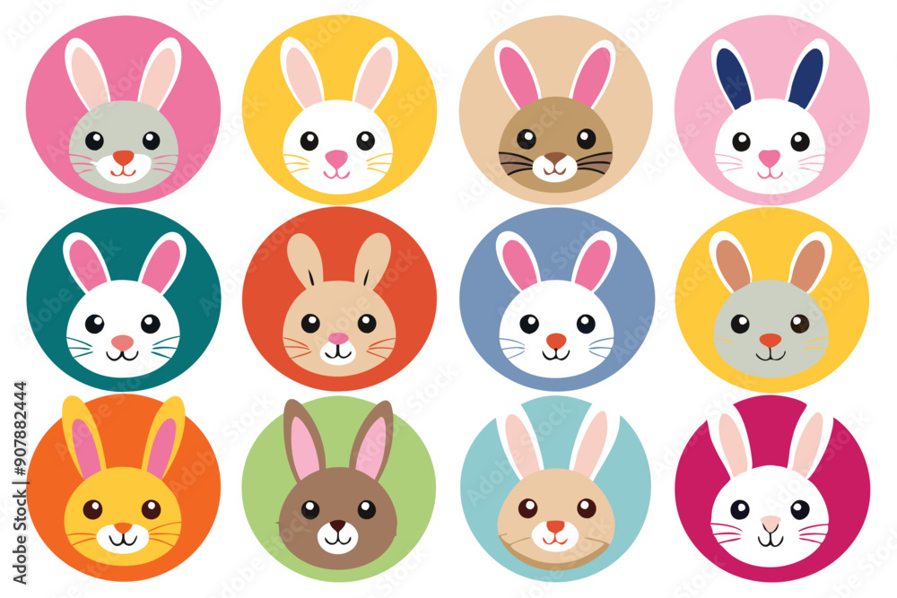 Fototapeta premium Twelve Colorful Circular Images Featuring Cartoon Rabbit Faces