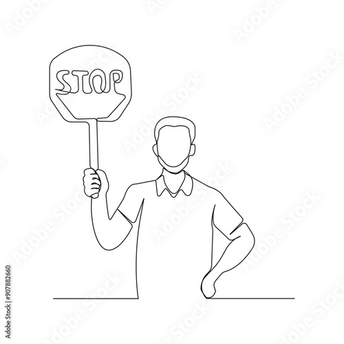Man holding stop sign continuous outline vector isolated on white background.