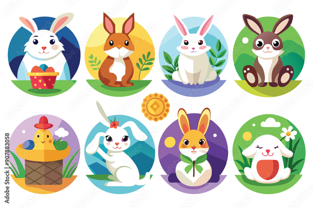 Naklejka premium A Collection of Adorable Cartoon Bunnies in Various Settings