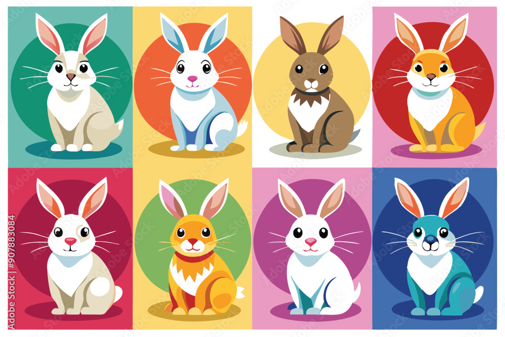 Colorful Illustrated Rabbits in Circular Frames Colorful Illustrated Rabbits in Circular Frames