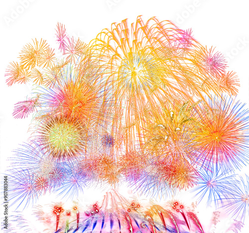 colourful firework display set for celebration happy new year and merry christmas and fireworks on white background