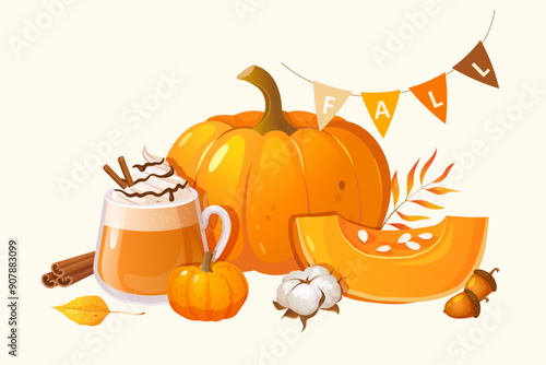Vector autumn composition with whole and slice pumpkins, yummy warm drink, cinnamon sticks, fall leaves, decorative garland, dry cotton flower and acorns.
