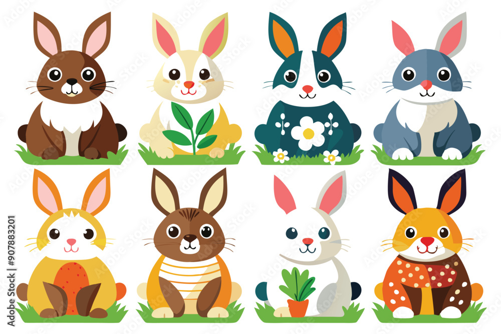 Naklejka premium Eight Adorable Cartoon Bunnies Sitting in Grass