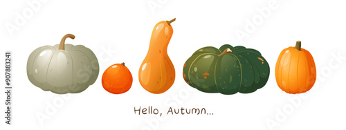 Autumn season poster with pumpkins different types and colors with lettering Hello autumn.
