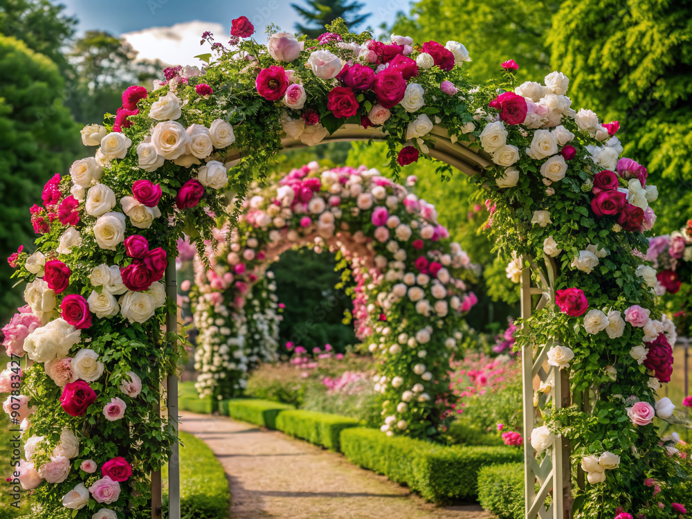 Obraz premium Vibrant blooms of pink and white roses cascade down a whimsical garden archway, adorned with lush greenery, creating a serene and enchanting outdoor paradise.