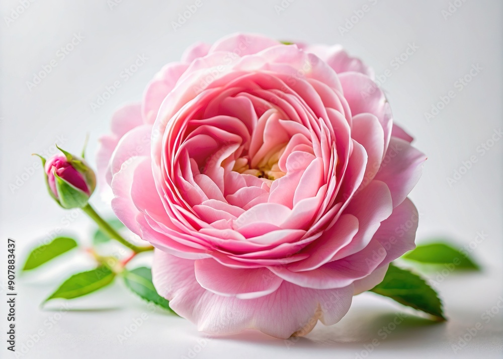 Delicate pink petals of a freshly bloomed Rosa damascena flower unfold against a crisp white background, showcasing intricate details and soft, romantic elegance. Delicate pink petals of a freshly bloomed Rosa damascena flower unfold against a crisp white background, showcasing intricate details and soft, romantic elegance.