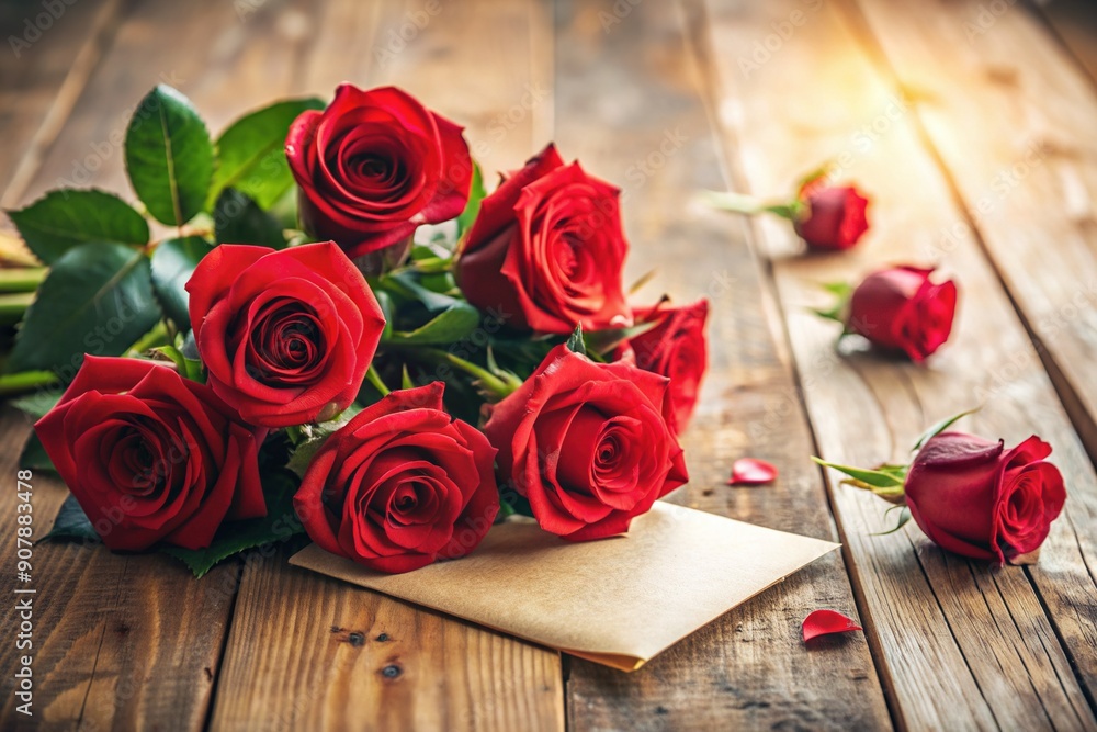 Soft focus on a delicate red rose bouquet set on a rustic wooden table, alongside a handwritten romantic card, evoking warmth and tender love on a special day. Soft focus on a delicate red rose bouquet set on a rustic wooden table, alongside a handwritten romantic card, evoking warmth and tender love on a special day.