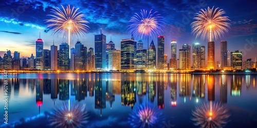 Vibrant city skyline at dusk with bursting fireworks illuminating the dark blue sky, reflected perfectly in the calm waters below the towering skyscrapers.